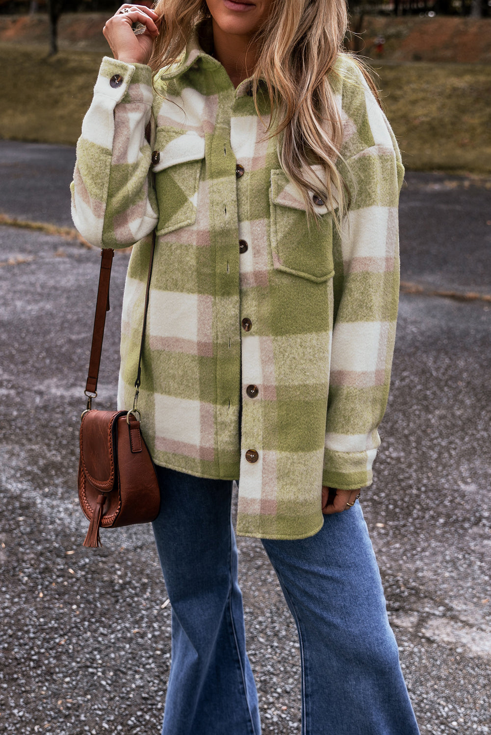 Sage Green Cozy Plaid Shacket Oversized
