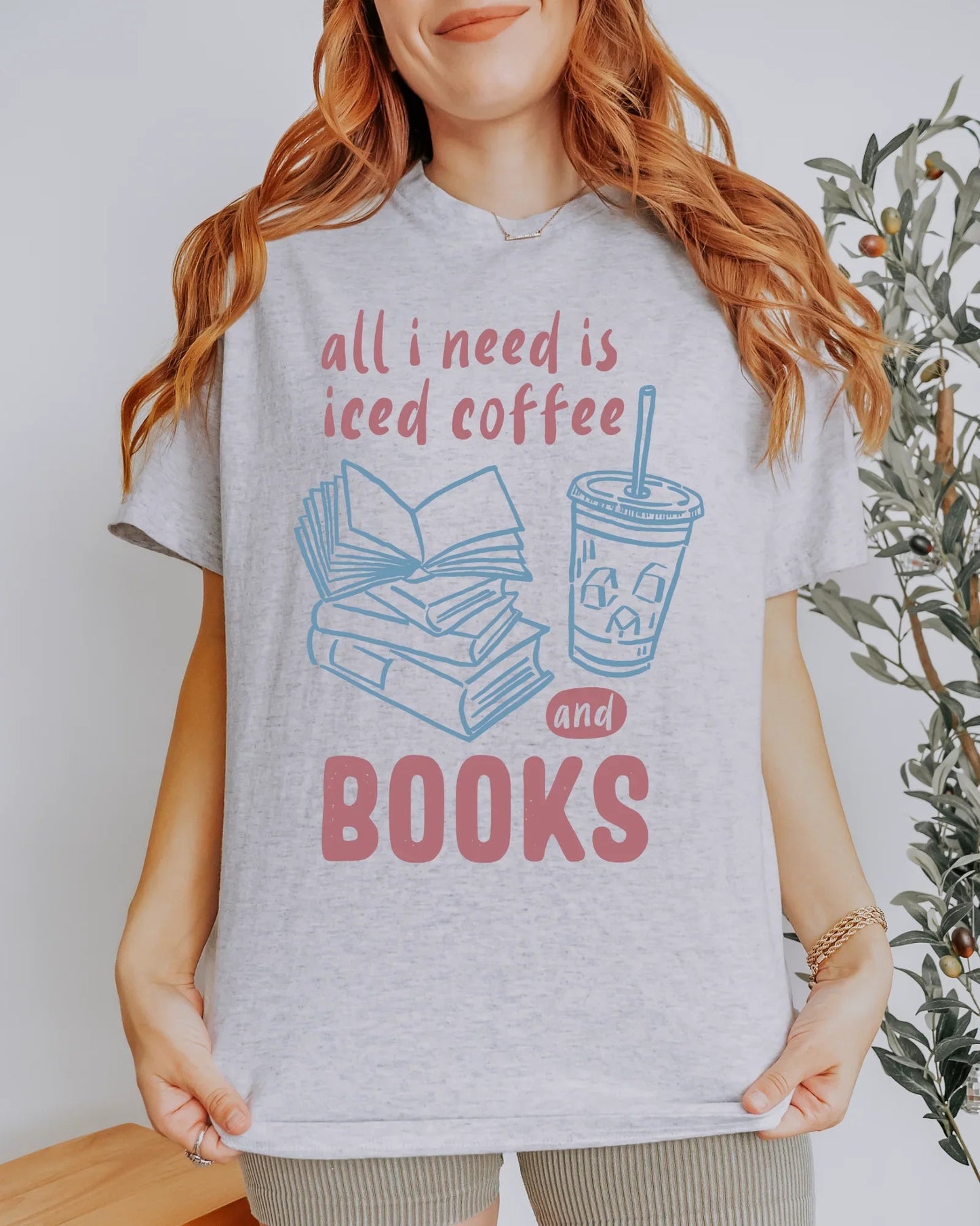 All I Need Is Iced Coffee and Books T-Shirt, Book Lover Graphic Tee, Coffee Addict Shirt for Women, Cozy Reader Tee, Caffeine & Books Gift: Blue & Purple Print