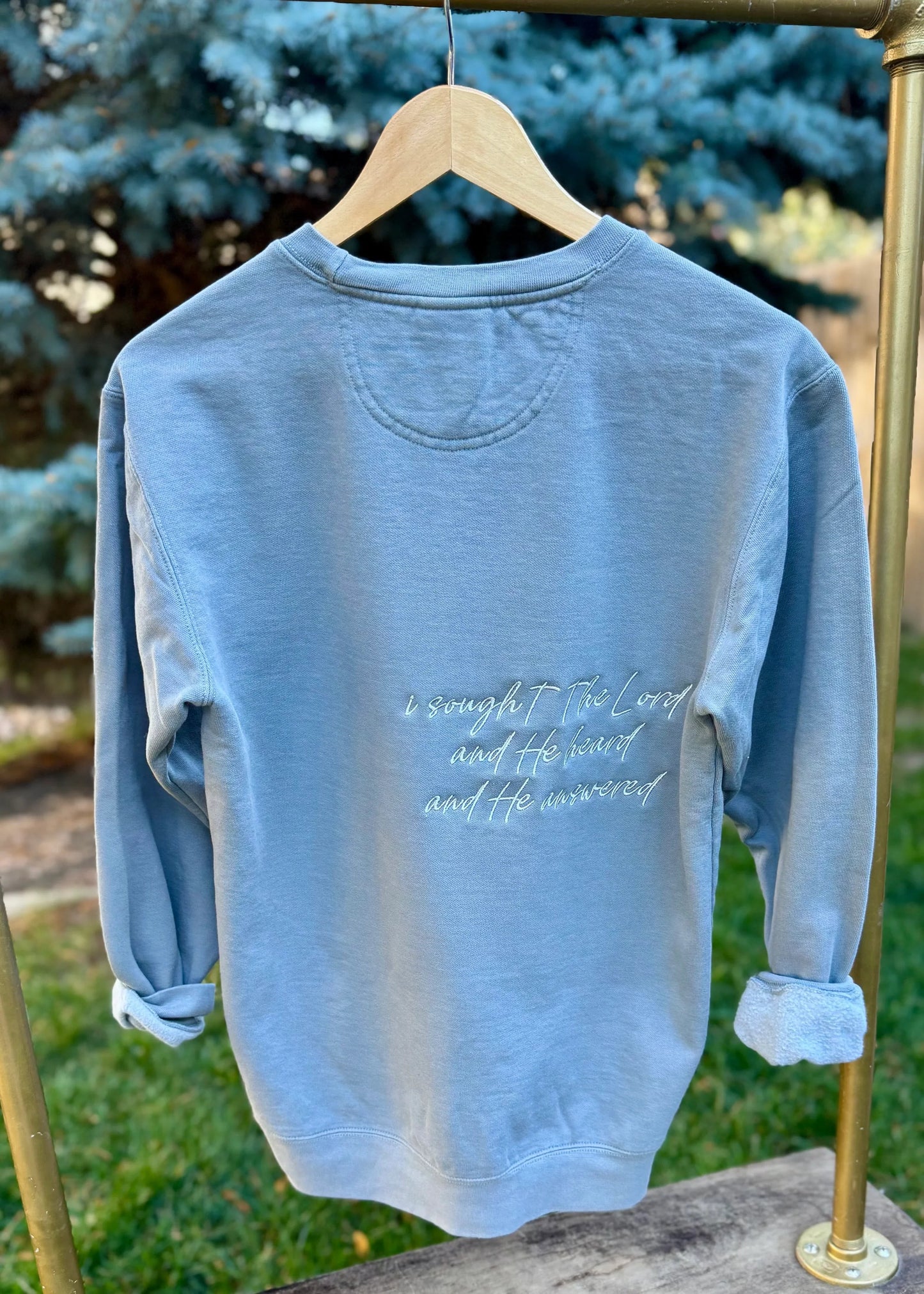I Sought The Lord And He Heard And He Answered Monochromatic Embroidered Sweatshirt | Comfort Colors Christian Crewneck | Faith Bible Verse Embroidery | Religious Gift For Her